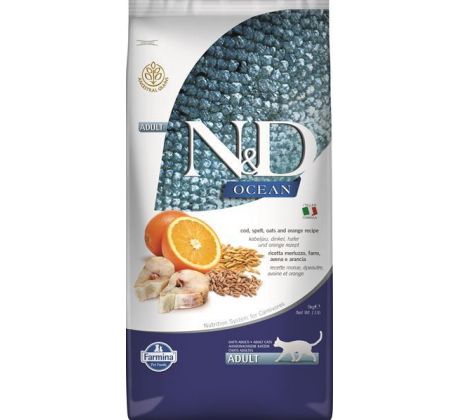 Farmina 5kg N&D cat OCEAN (AG) adult,codfish,spelt,oats & orange