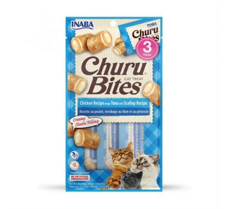 Pamlsok Inaba Churu Bites cat Kura s tuniakom a hrebenatkou 3 tuby 30 g