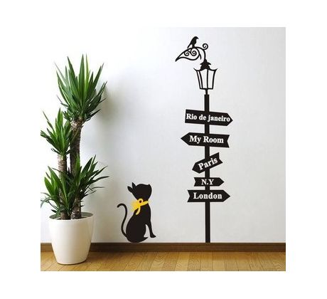 Samolepka na stenu-dekoratívna/mačka+smerové tabule+lampa =1 objednávka podstielky